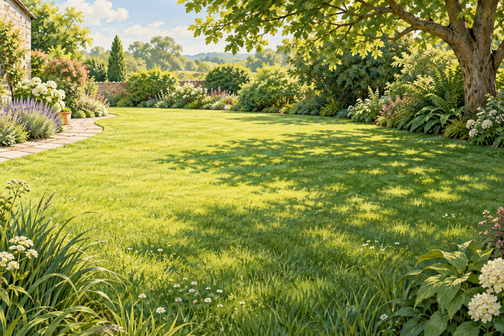 Illustration of a garden lawn with sunny and shaded areas