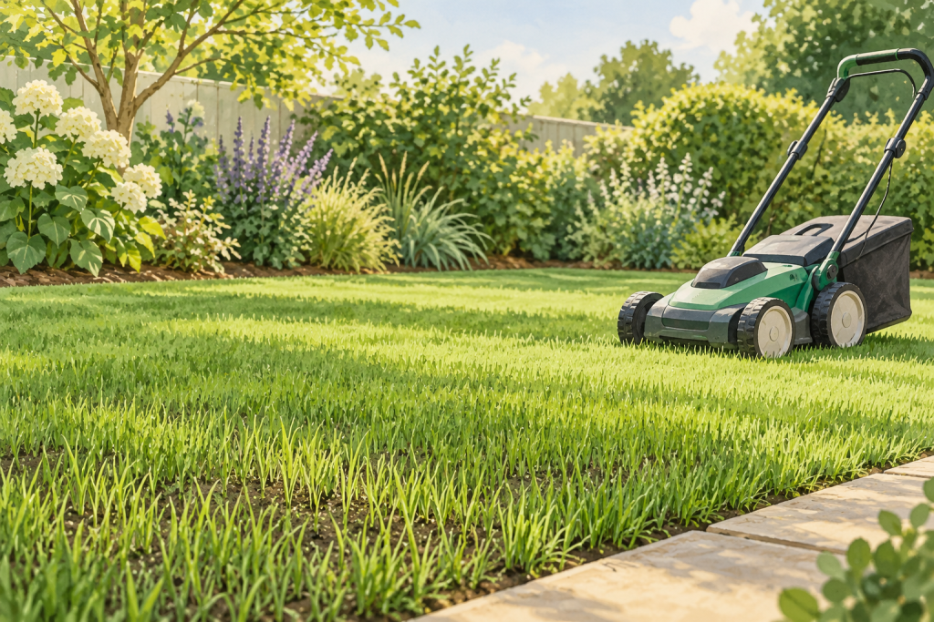 Illustration of young grass and a lawn mower in a garden