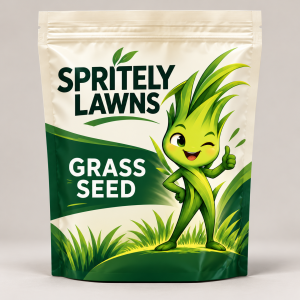 Illustrative Spritely Lawns grass seed packaging concept