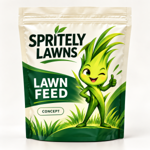 Illustrative Spritely Lawns lawn feed packaging concept with grass character