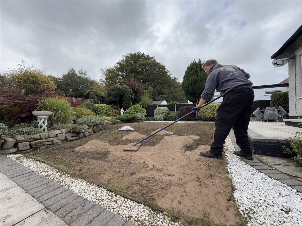 A gardener using a levelling rake to spread material across a lawn being renovated