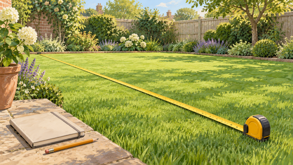 Illustration of a measuring tape stretched across a lawn